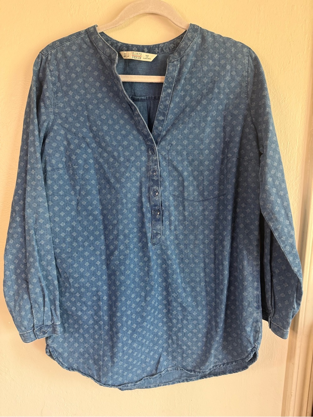 Zara Z1975 Denim Blue Patterned Henley Popover Tunic Blouse Shirt Small